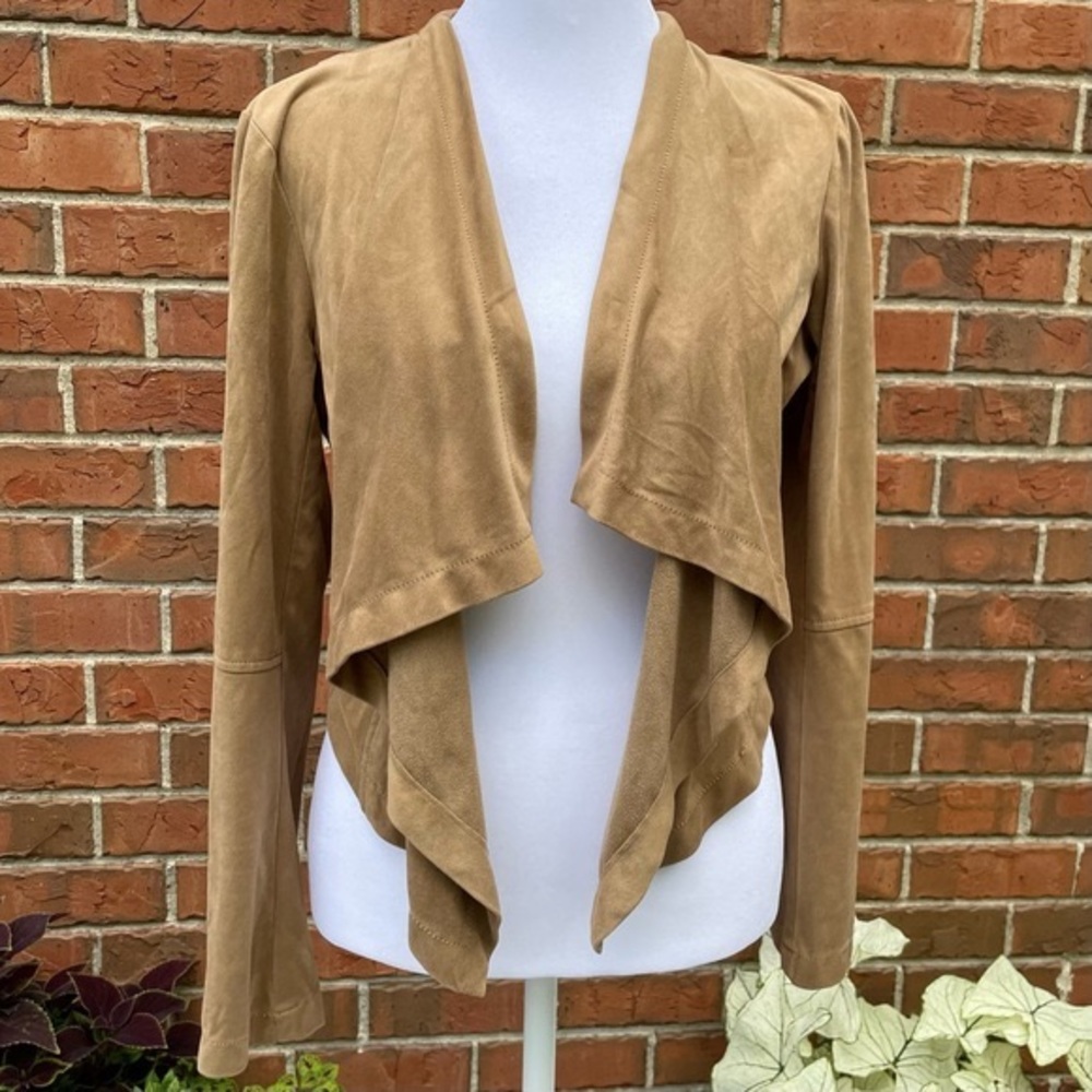 Katherine Barclay Tan Faux Vegan Suede Brown Cropped Jacket/Blazer Ruffle Front